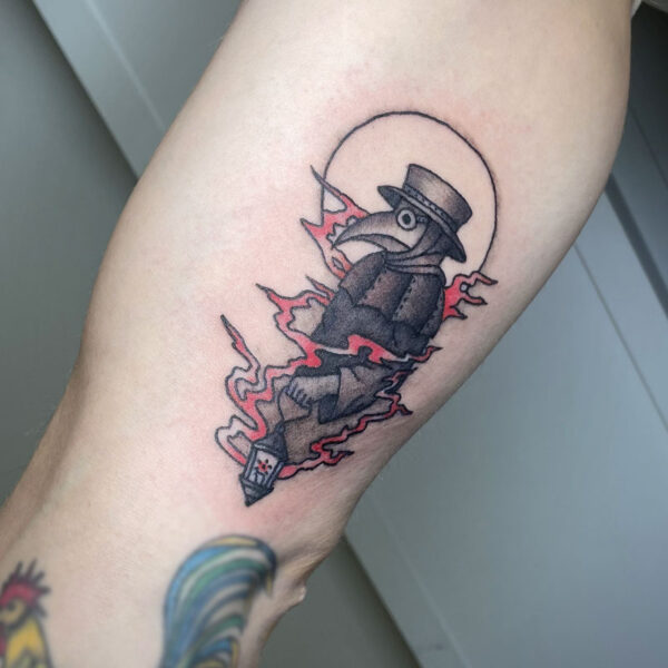 atticus tattoo, American Traditional tattoo of a plague doctor