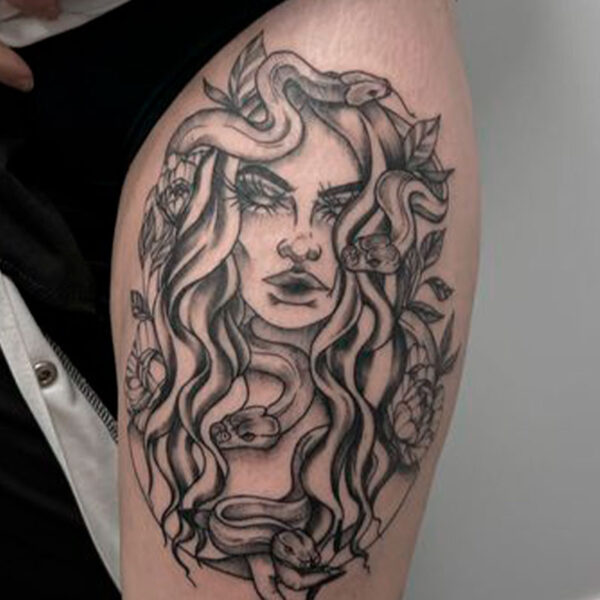 atticus tattoo, black and grey tattoo of Medusa