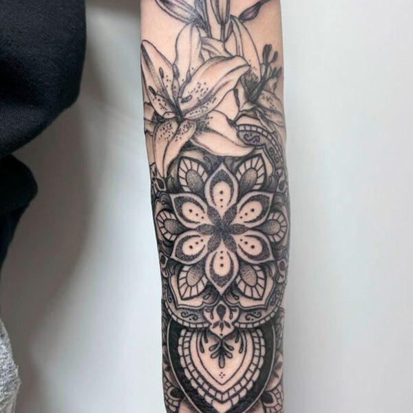 atticus tattoo, 3D mandala tattoo with realism lilies
