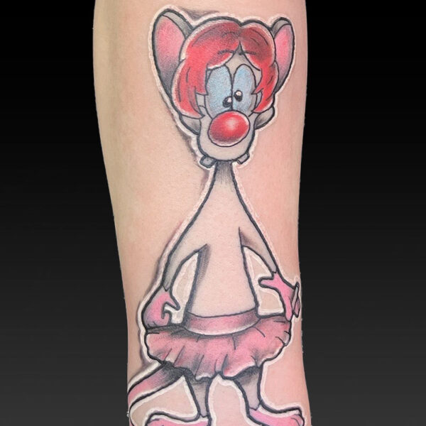 atticus tattoo, sticker tattoo of Pinky from Pinky and the Brain