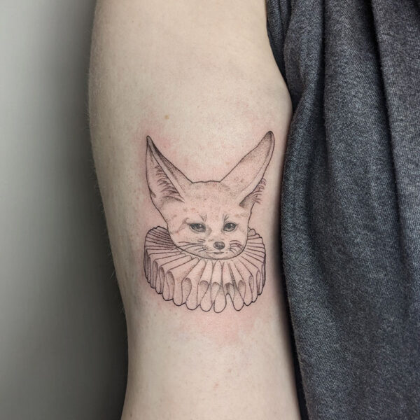 atticus tattoo, black and grey tattoo of a Fennec Fox wearing a frilled collar