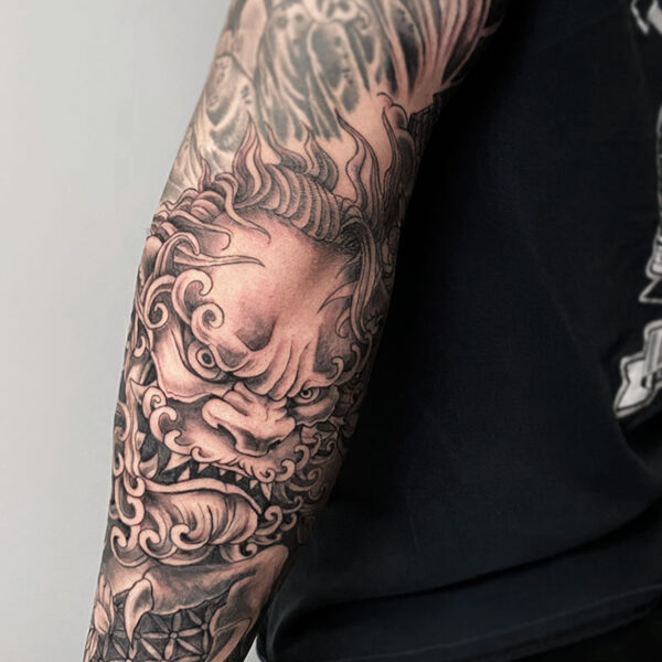 atticus tattoo, japanese traditional tattoo of a lion dog