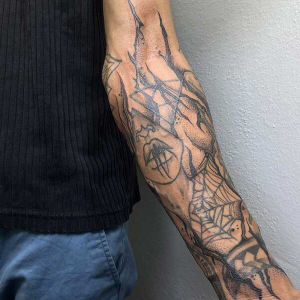 atticus tattoo, freehand, black and grey tattoo of smokey lines