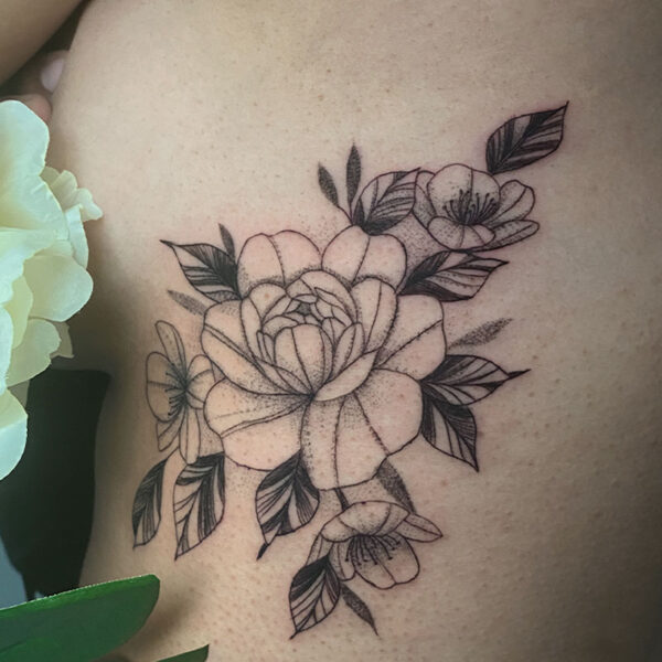 atticus tattoo, fine line tattoo of roses