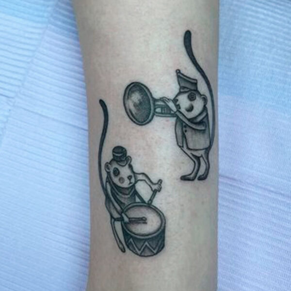 atticus tattoo, black and grey tattoo of two circus mice from Coraline