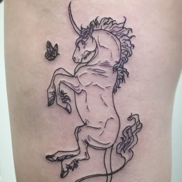 atticus tattoo, black line tattoo of a unicorn with a butterfly