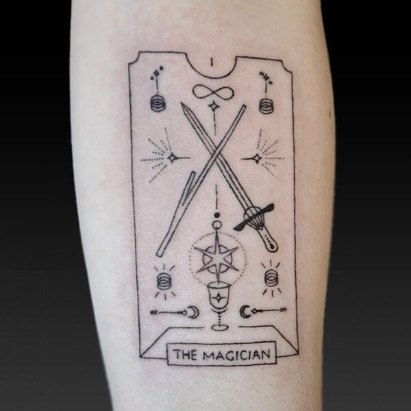 atticus tattoo, fine line tattoo of a tarot card "the magician"