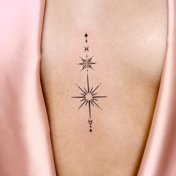 atticus tattoo, fine line tattoo of the northern star and arrow