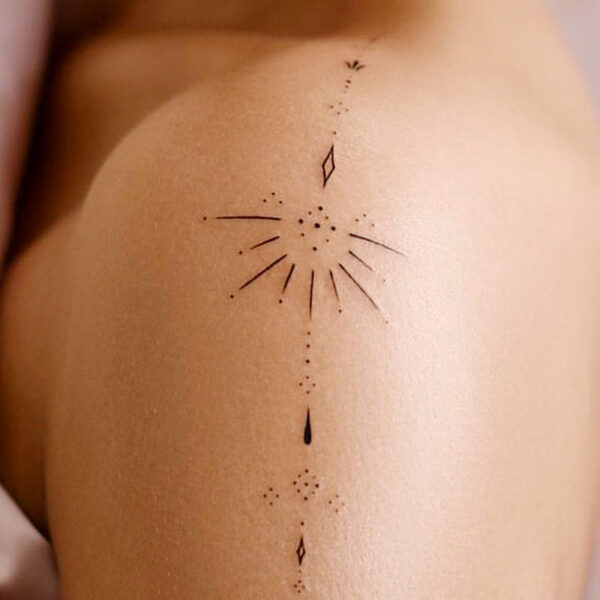 atticus tattoo, fine line tattoo of dots and lines in a geometric shape