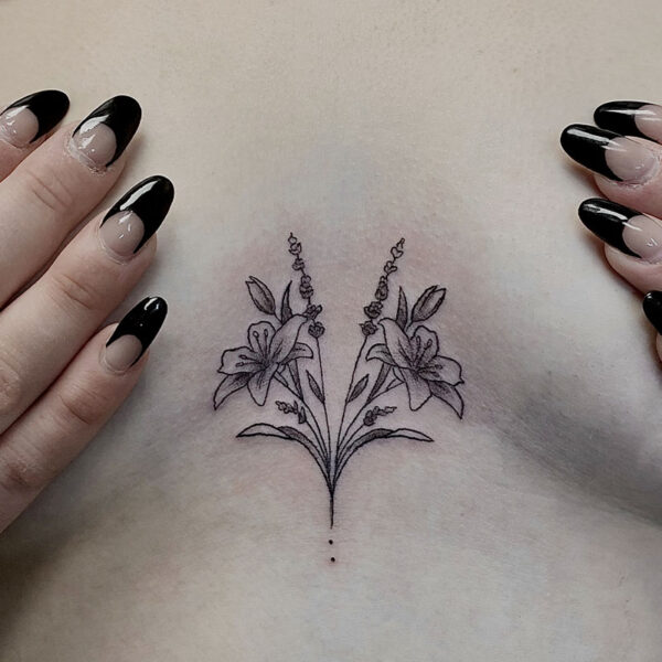 atticus tattoo, fine line tattoo of lilies and small flowers