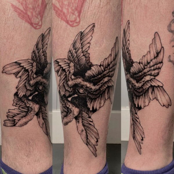 atticus tattoo, black and grey tattoo of a Nephilim