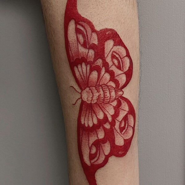 atticus tattoo, red tattoo of a moth