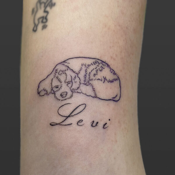 atticus tattoo, fine line tattoo of a puppy