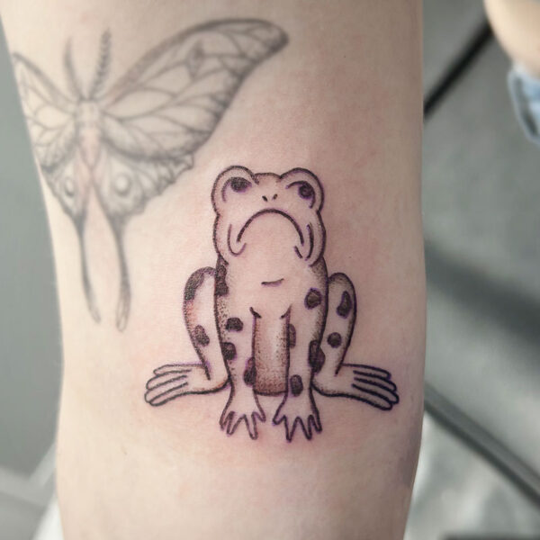 atticus tattoo, black and grey tattoo of a frog