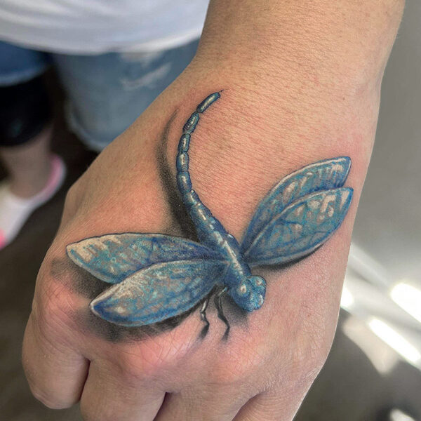 Atticus Tattoo| 3D tattoo of a blue dragonfly