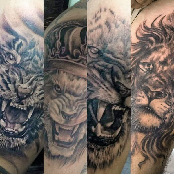 Atticus Tattoo| Black and grey, realism tattoos of tigers and lions faces