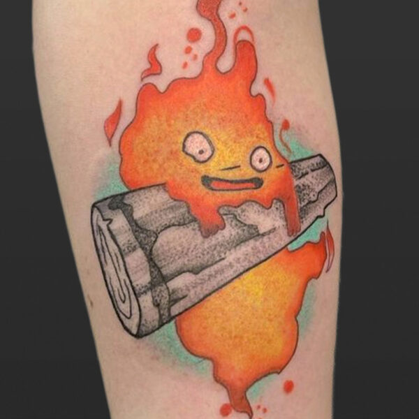 Atticus Tattoo| Coloured tattoo of Calcifer from Howl's Moving Castle