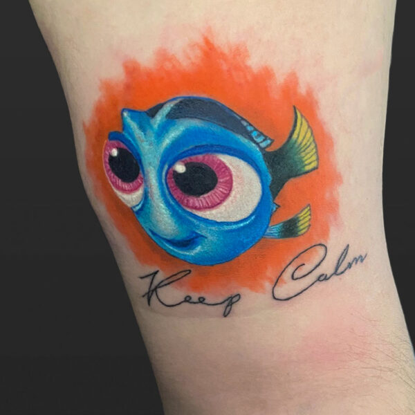 Atticus tattoo| Coloured tattoo of baby Dory from "Finding Dory"