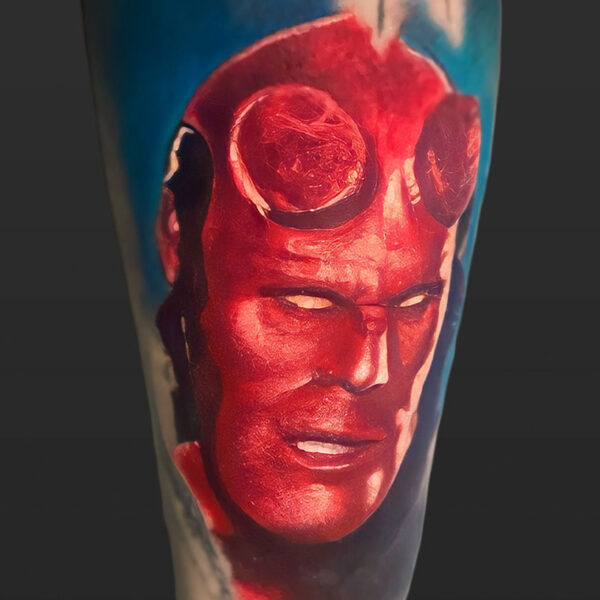 Atticus Tattoo| Colour realism tattoo of a portrait of Hellboy from Marvel