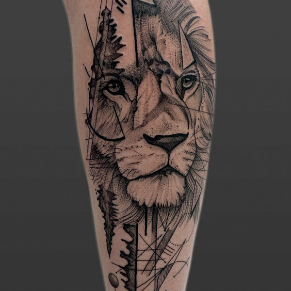 Atticus Tattoo| Black and grey abstract tattoo of a lion with lines and shapes going through it