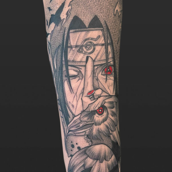 Atticus Tattoo| Black and grey, anime tattoo of Itachi Uchiha, from Naruto, with a crow