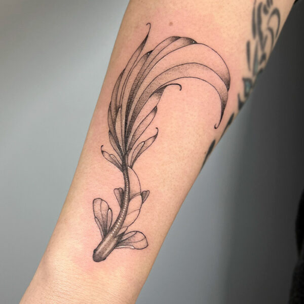 Atticus Tattoo| Fine line tattoo of a beta fish with white highlights