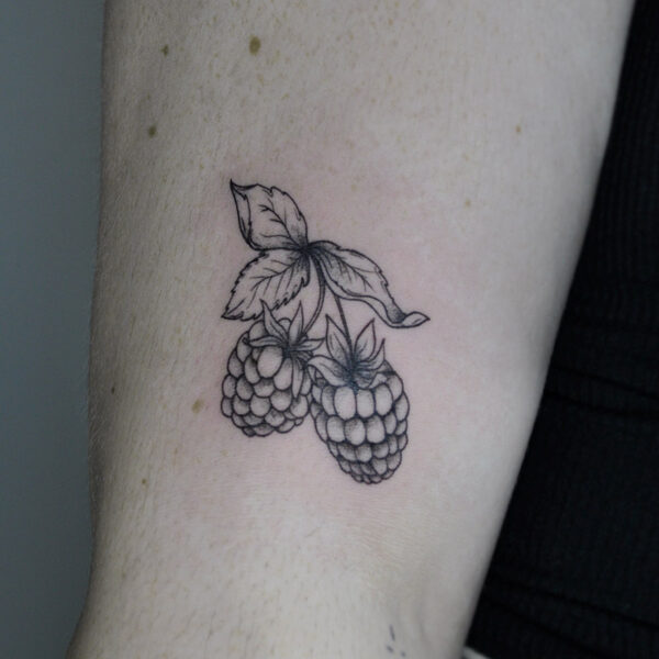 Atticus Tattoo| Fine line tattoo of blackberries