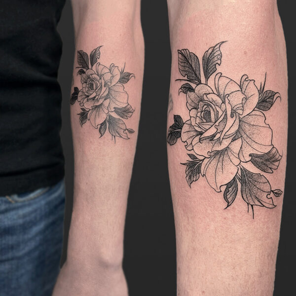 Atticus Tattoo| Fine line tattoo of a rose