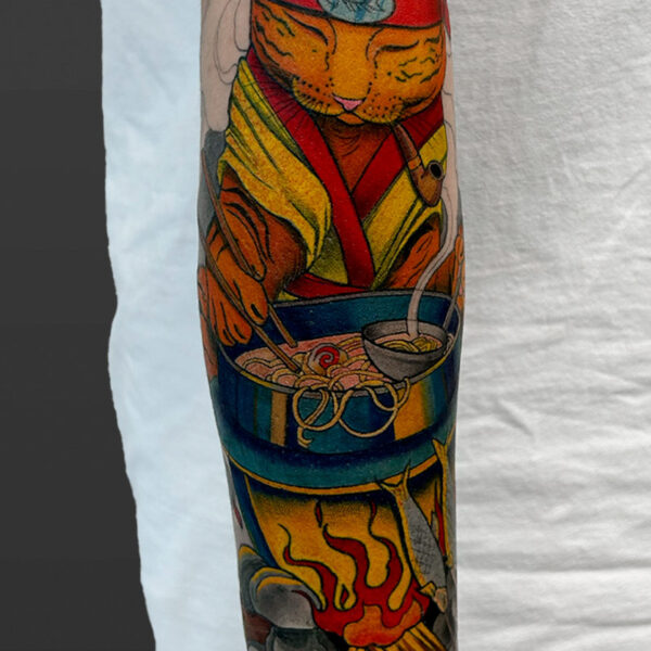 Atticus Tattoo| Neotraditional tattoo of an orange cat, cooking ramen over a fire