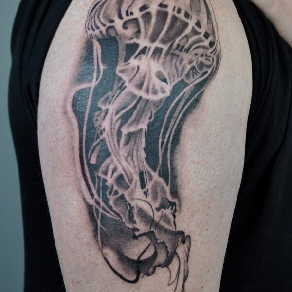 Atticus Tattoo| Black and grey, realism tattoo of a jellyfish