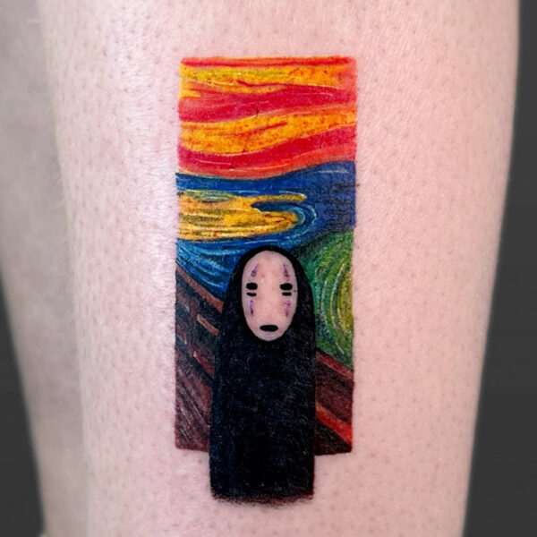 Atticus Tattoo| Coloured tattoo of the painting, "The Scream" but with No Face from "Spirited Away" as the man