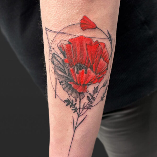 Atticus Tattoo| Tattoo of a poppy with fine line shapes behind it