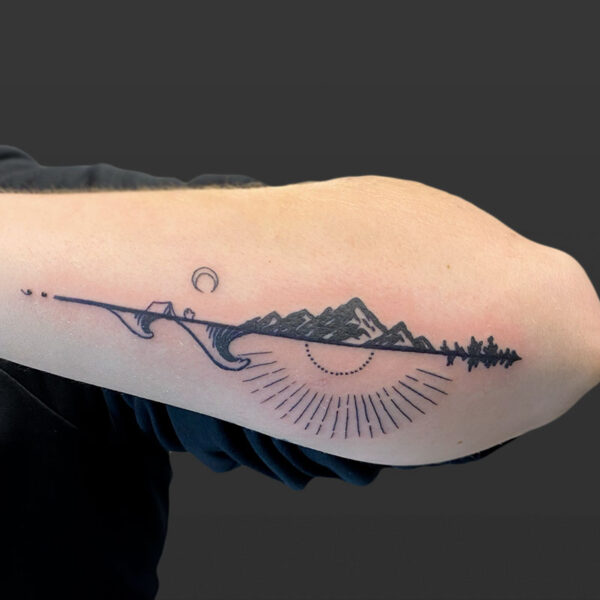 Atticus Tattoo| Blackwork tattoo of a line with mountains, moon and tent on top, then ocean waves and sun below