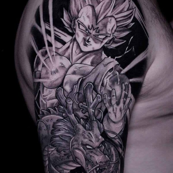 Atticus Tattoo| Black and grey, anime tattoo of Vegeta and dragon from "Dragon Ball Z"