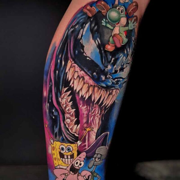 Atticus Tattoo| Cartoon tattoo of Venom, Nintendo characters and Spongebob characters