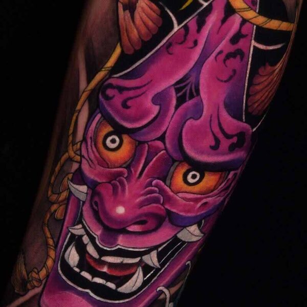 Atticus Tattoo| Japanese Neotraditional tattoo of a purple oni mask