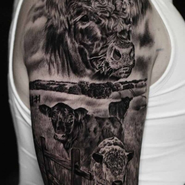 Atticus Tattoo| Black and grey realism tattoo of cows in a field