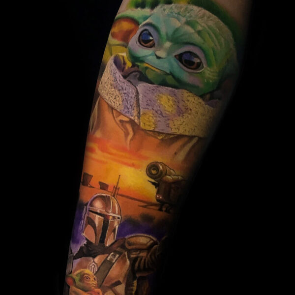 Atticus Tattoo| Colour realism tattoo of Grogu and the Mandalorian