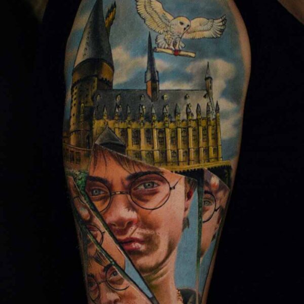 Atticus Tattoo| Colour realism tattoo of Harry Potter and Hogwarts