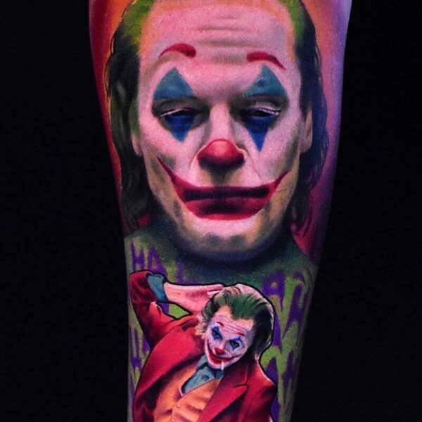 Atticus Tattoo| Colour realism tattoo of Joaquin Phoenix's Joker