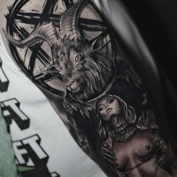 Atticus Tattoo| Black and grey realism tattoo of a naked woman and Baphomet