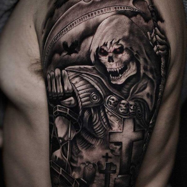 Atticus Tattoo| Black and grey realism tattoo of the Grim Reaper holding a lantern in a cemetery