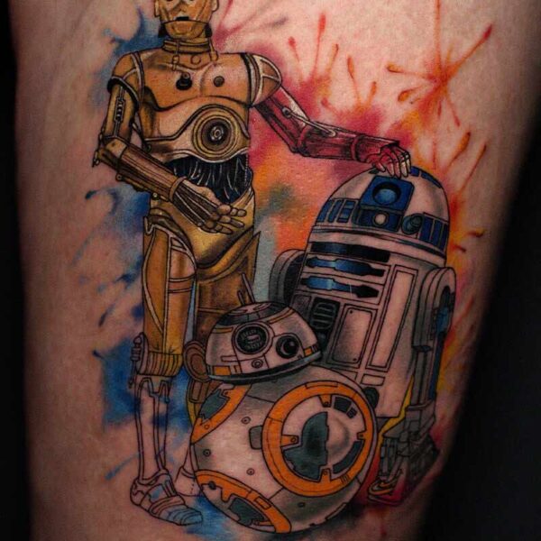 Atticus Tattoo| Colour realism tattoo of R2D2, C3PO and BB8 with watercolour background