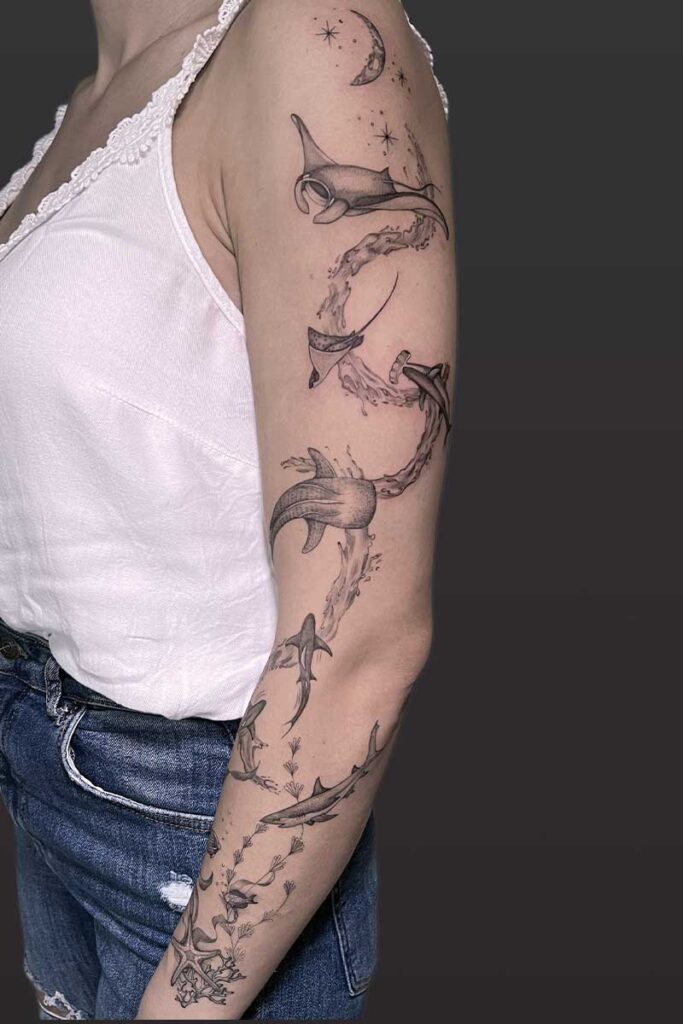 Atticus Tattoo| Microrealism tattoo of ocean life, water and stars