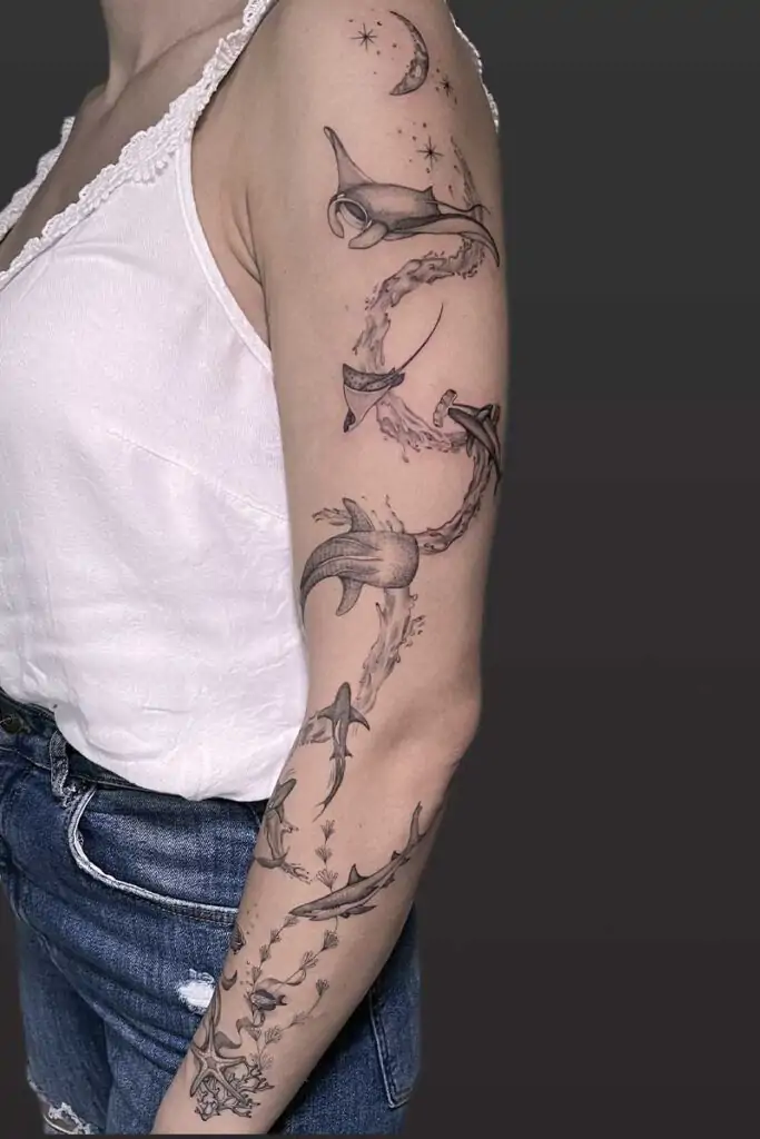 Atticus Tattoo| Microrealism tattoo of ocean life, water and stars