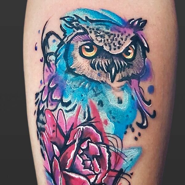 Atticus Tattoo| Neon tattoo of an abstract owl and rose with neon watercolours