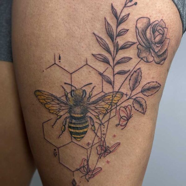 tattoo-bee-rose-honeycombs-butterfly