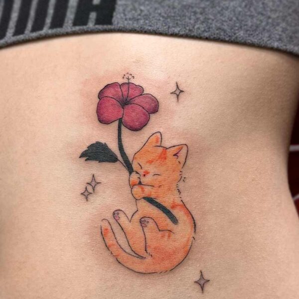 tattoo-orange-cat-pink-flower