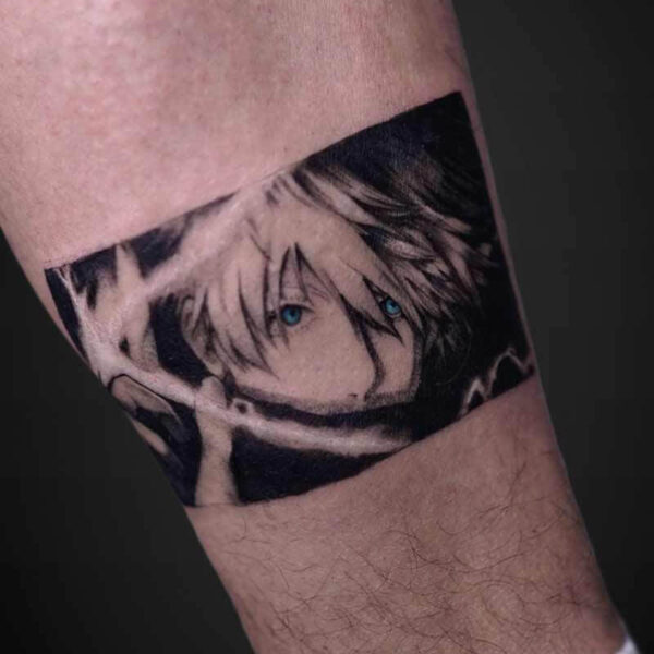 Atticus Tattoo| Anime Tattoo| JJK| Jujutsu Kaisen| Black and white tattoo of Gojo with blue eyes