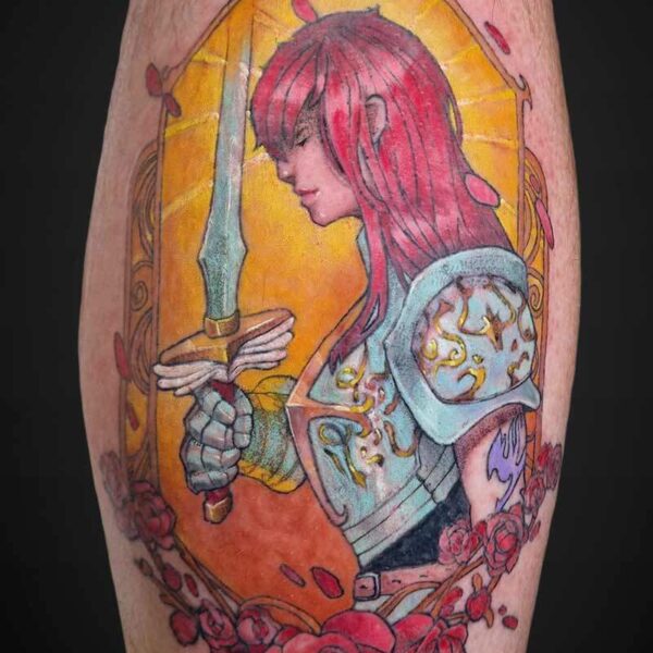 Atticus Tattoo| Anime tattoo| Fairy Tale| Erza from "Fairy Tail" in armour, holding a sword